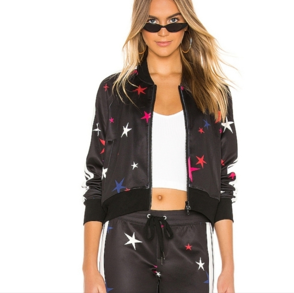Pam & Gela Jacket Womens Size Small Black Star Track Zip Up Raglan Sleeve Crop